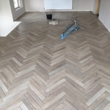 Greenwood Beige Herringbone, wood effect tile in 7.5x45cm at Irwin Tiles
