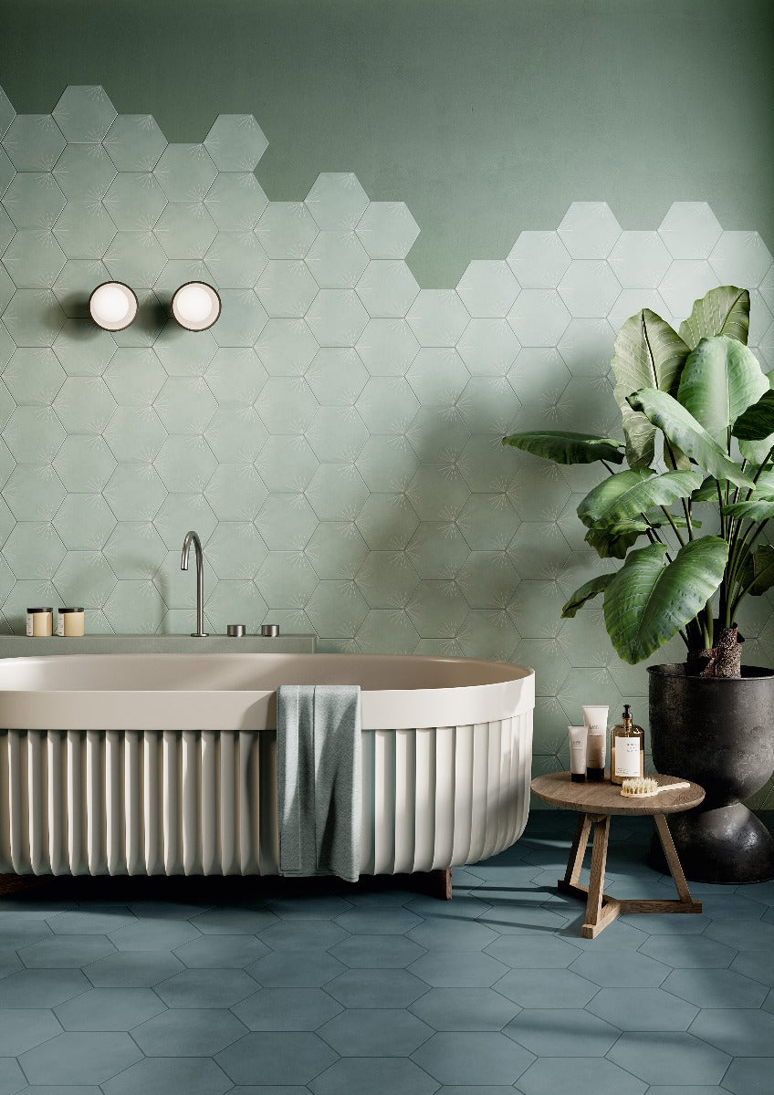 Hex Sky (Plain) 25x22cm, porcelain tile at Irwin Tiles