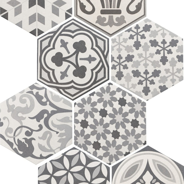 Hexatile Harmony Decor Black & White 17.5 x 20cm, porcelain tile at Irwin Tiles