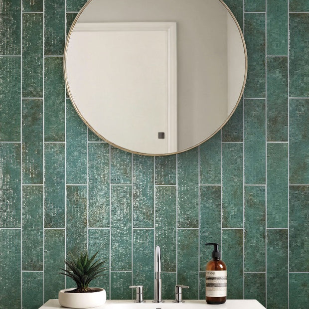 Inciso Brick Jade 7.5x30cm, green gloss tile at Irwin Tiles