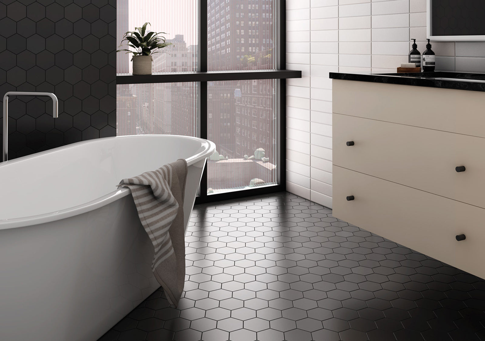 Kromatica Hex Black 11.6 x 10.1cm, matt tile at Irwin Tiles