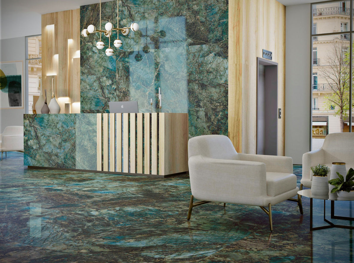 Lemurian Pulido 120 x 120cm, green gloss tile at Irwin Tiles