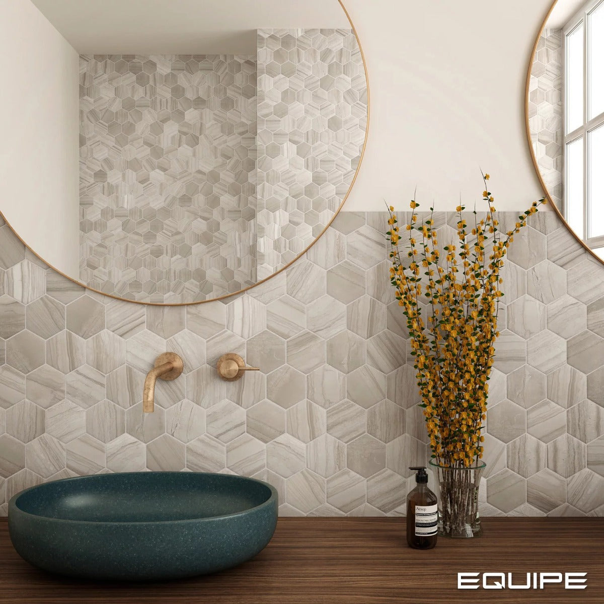 Lithos Beige Hex 11.6 x 10.1cm, matt porcelain tile for bathroom and other wet floors at Irwin Tiles