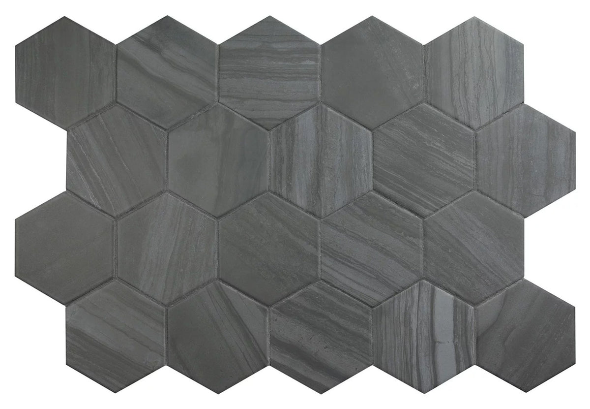 Lithos Black Hex 11.6 x 10.1cm, matt tile at Irwin Tiles