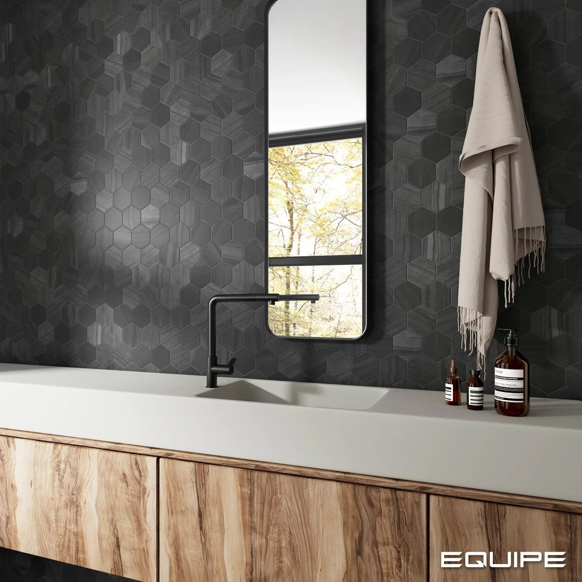 Lithos Black Hex 11.6 x 10.1cm, matt porcelain tile for bathroom and other wet floors at Irwin Tiles