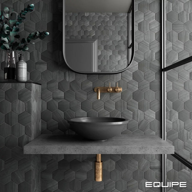 Lithos Black Hex 11.6 x 10.1cm, porcelain tile at Irwin Tiles