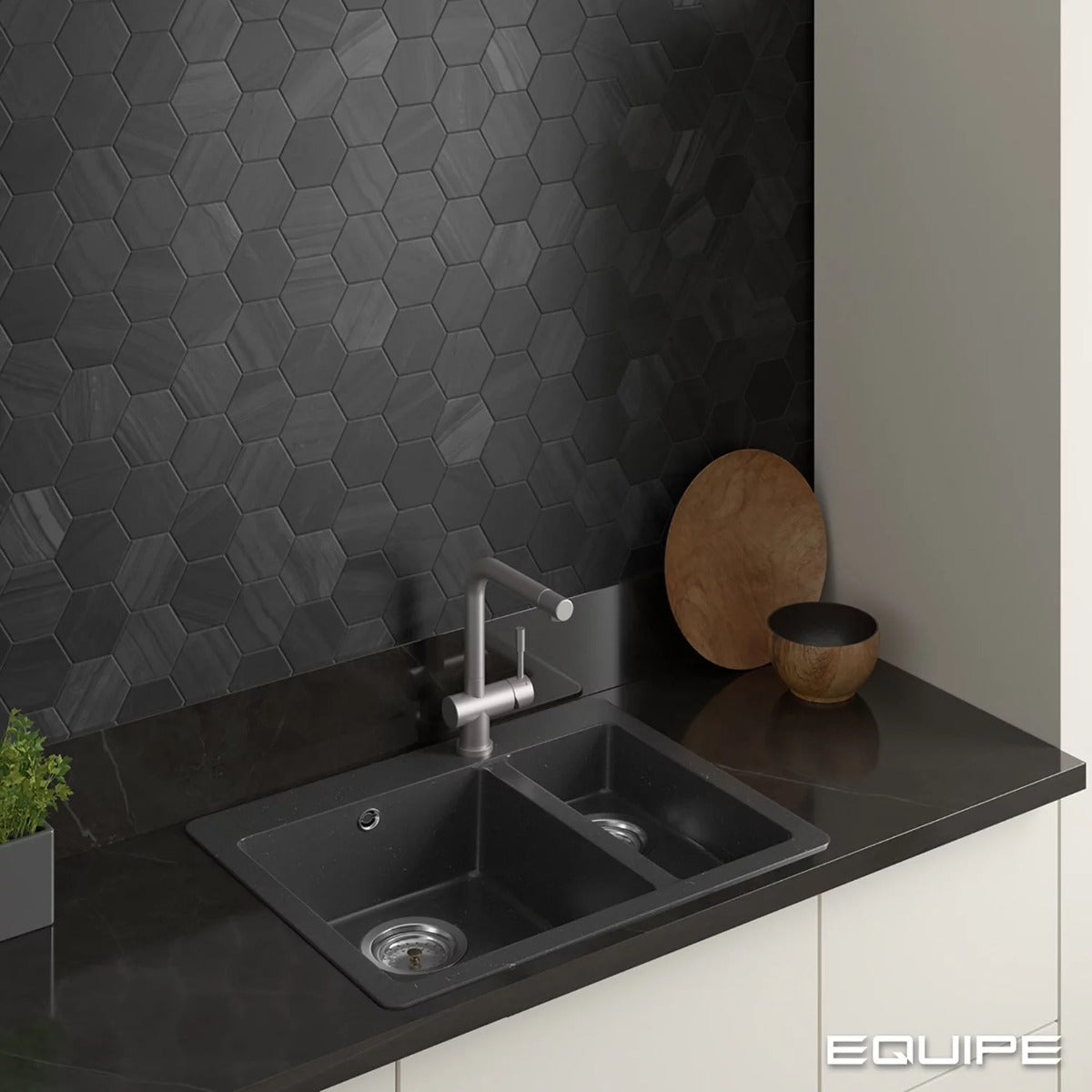 Lithos Black Hex 11.6 x 10.1cm, hexagon tile at Irwin Tiles