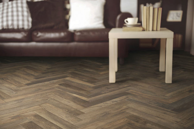 Living Noce Wood Effect Herringbone, matt tile at Irwin Tiles