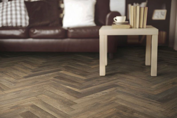 Living Noce Wood Effect Herringbone 7.5x45cm, matt tile at Irwin Tiles