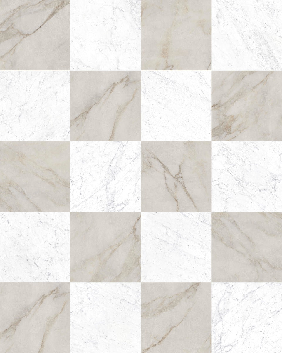 Livingstone Gold & Marmi Carrara Chequered 30x30cm, matt tile at Irwin Tiles
