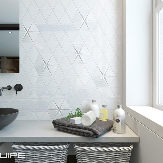 Tirol White Matt Triangular 3D Tile 10.8x12.4cm, tile for feature walls at Irwin Tiles