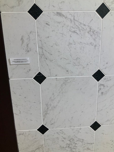 Marmi Carrara Octagon 30x30cm (Livingstone Nero Insert 5x5cm), matt tile at Irwin Tiles