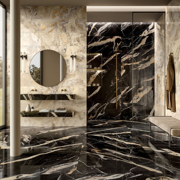 Marmoteca Golden Carbon Luxr 60x120cm, gloss tile at Irwin Tiles