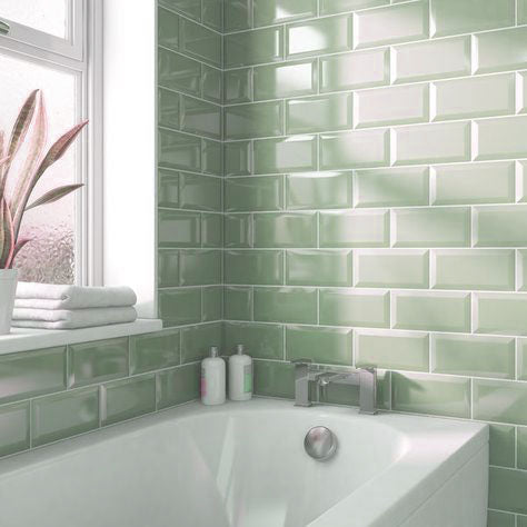 Sage Bevelled 20x10cm, green gloss wall tile at Irwin Tiles