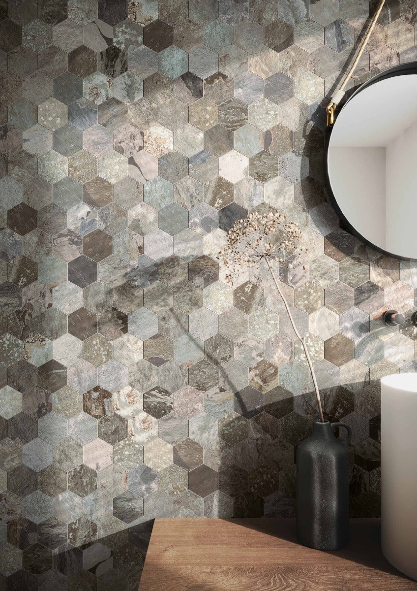 More Sage Hex Mosaic 30 x 34cm, grey matt tile at Irwin Tiles