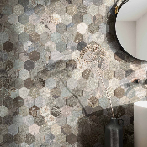 More Sage Hex Mosaic 30 x 34cm, grey matt tile at Irwin Tiles