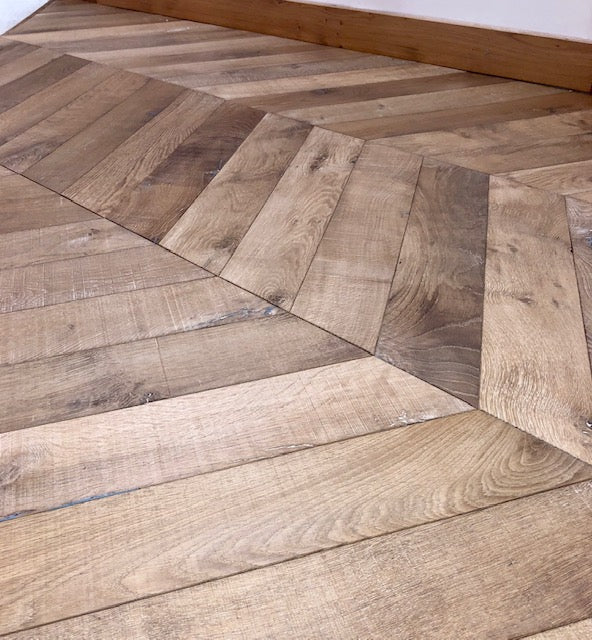 Muscavado Oak Engineered Chevron, oiled engineered wood flooring at Irwin Tiles