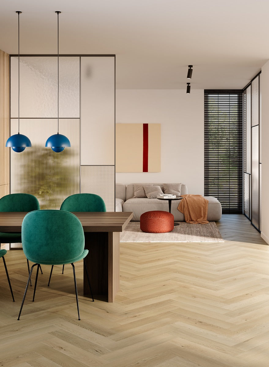 Nakuru Safari Herringbone Rigid LVT, light luxury click vinyl flooring at Irwin Tiles