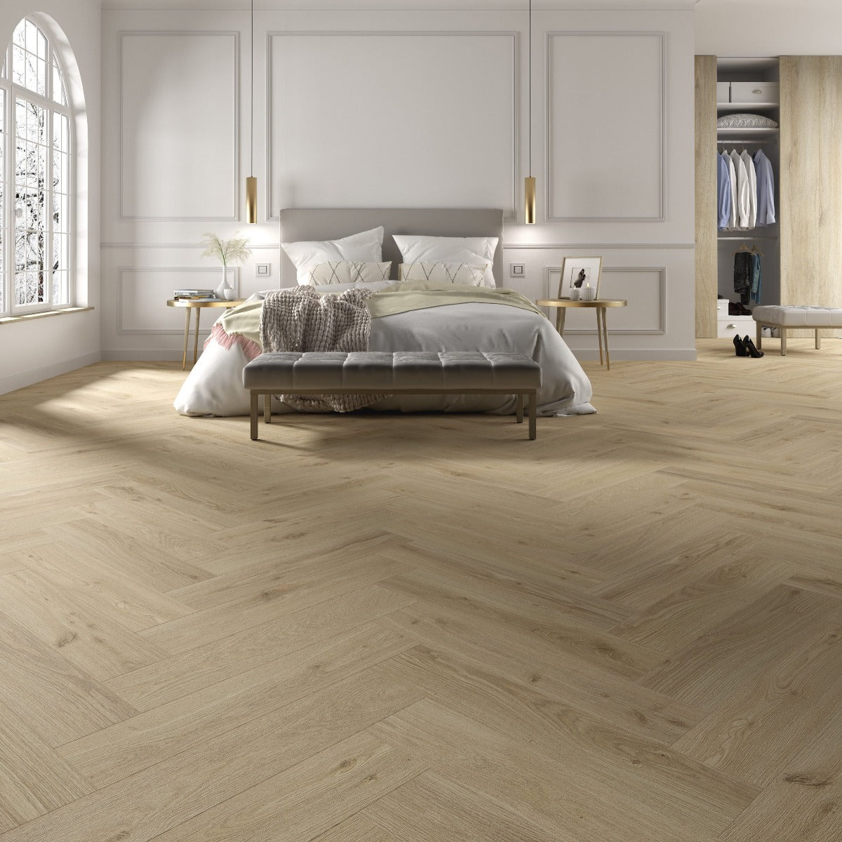 Le Harve Oak Herringbone Laminate 12mm All Over Water Resistant, laminate flooring stocked at Irwin Tiles, Castleblayney