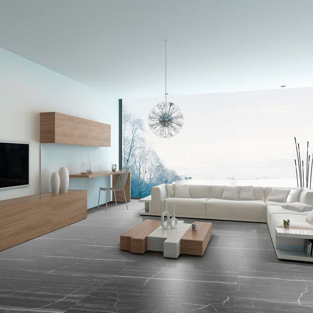 Olsom Polished (Black marble look) 100 x 100cm, porcelain tile at Irwin Tiles