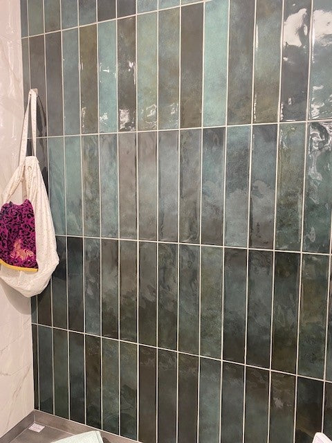 Omega Verde 10.7 x 53cm, gloss wall tile for bathroom and kitchen walls at Irwin Tiles