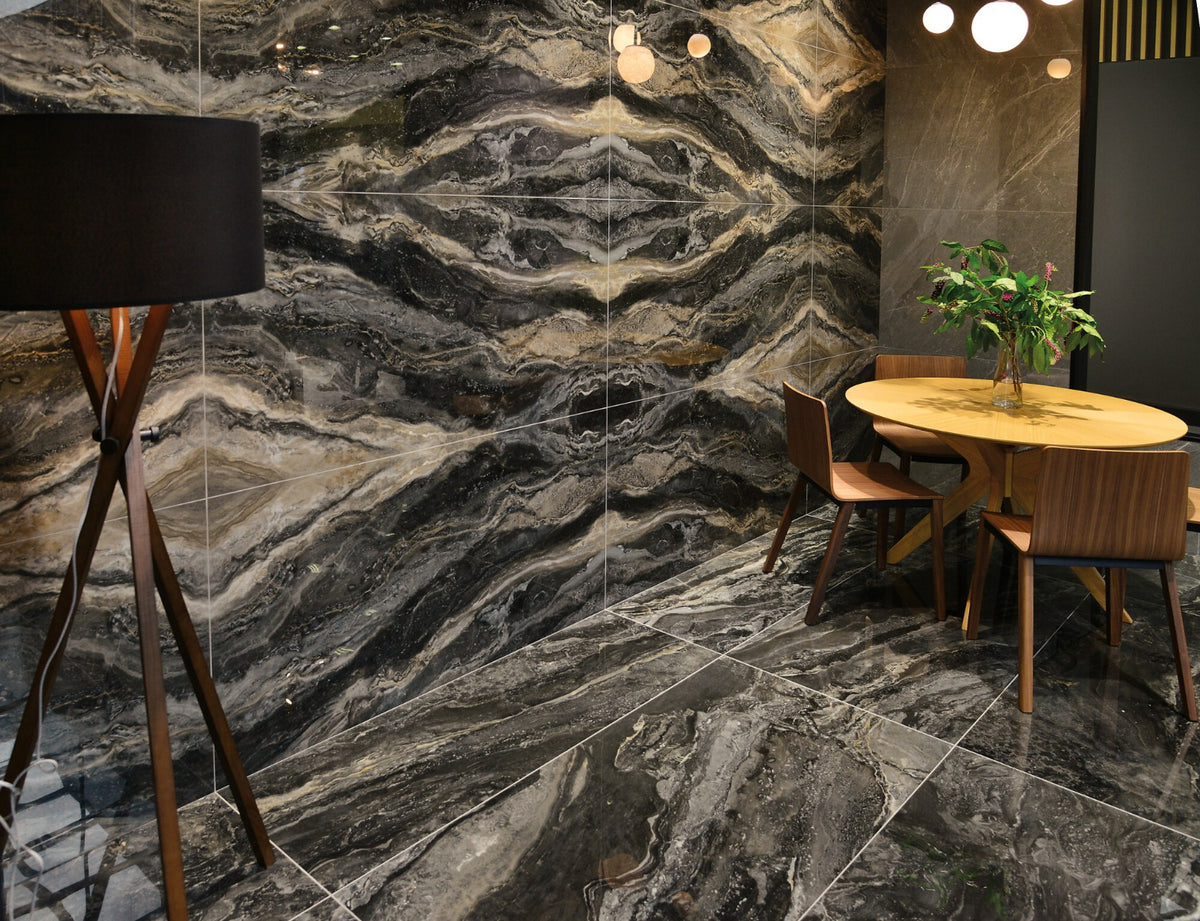 Orobico Dark Polished 75.5 x 151cm, porcelain tile sold by the box at Irwin Tiles
