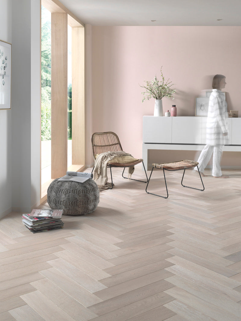 Oslo Montblanc Engineered Herringbone, light oiled engineered wood flooring at Irwin Tiles