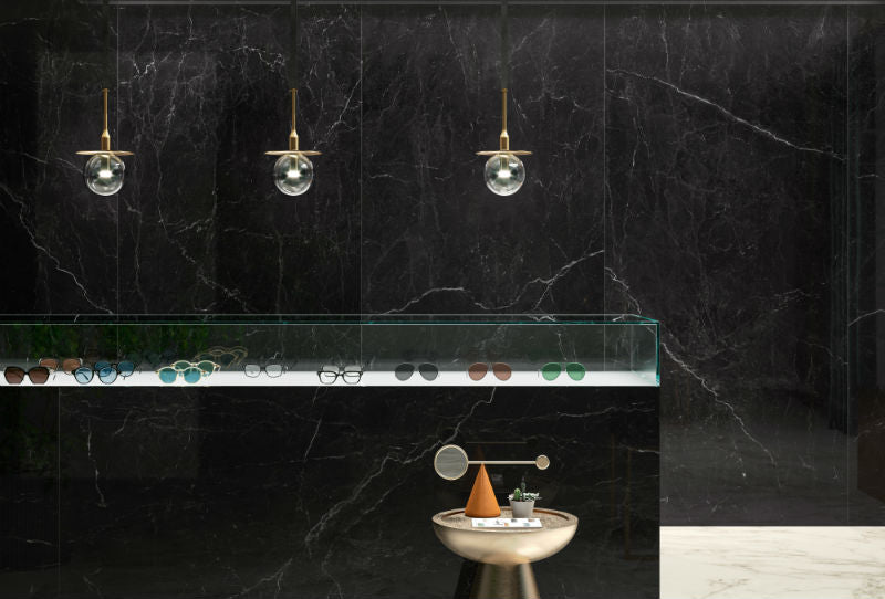 Marquina Black 120x260cm (Lux Glossy Finish), porcelain tile for kitchens, bathrooms and hallways at Irwin Tiles