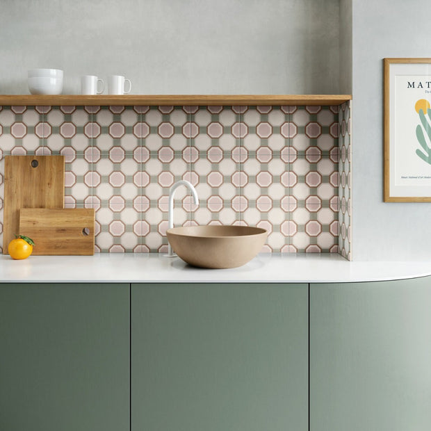 Patterns Pink Diamond 22.3 x 22.3cm, matt porcelain tile for feature walls at Irwin Tiles