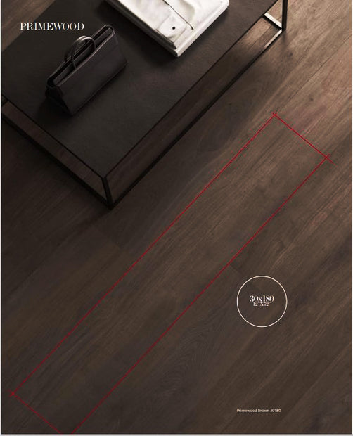 Primewood Brown Wood Effect 30 x 180cm, matt tile at Irwin Tiles