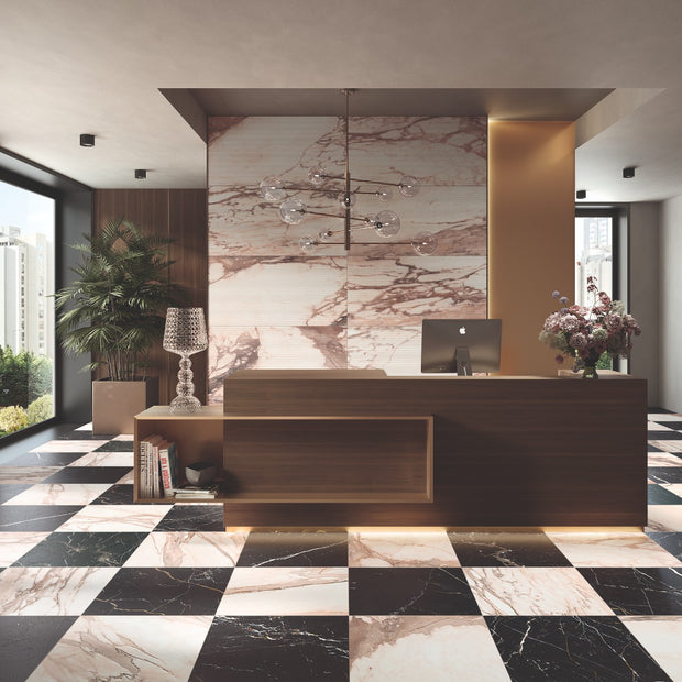 Reve Rose & Noir Chequered 30x30cm, matt tile at Irwin Tiles