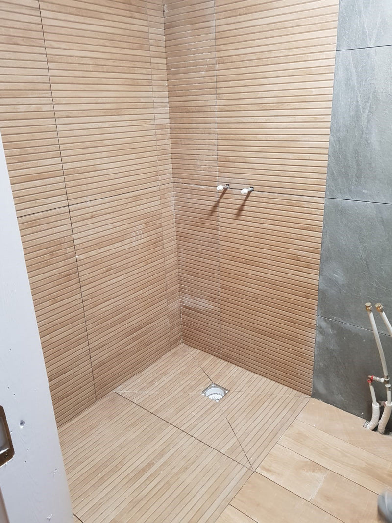 Ribbon Natural (Ribbed Wood Look) Rectified Porcelain 60 x 120cm, matt tile for feature walls at Irwin Tiles