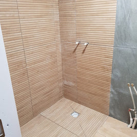 Ribbon Natural (Ribbed Wood Look) Rectified Porcelain 60 x 120cm, matt tile for feature walls at Irwin Tiles