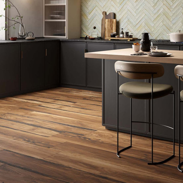Sherwood Mahogany 24 x 150cm, dark wood effect matt tile at Irwin Tiles