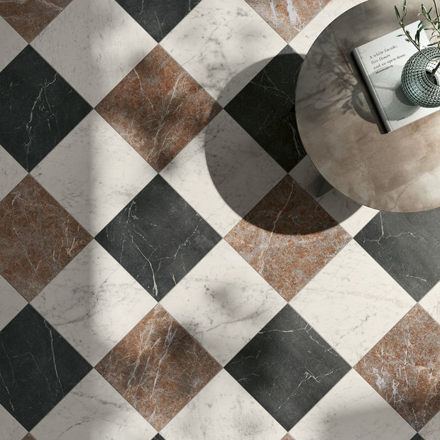 Livingstone Nero & Francia Rosso & Marmi Carrara Chequered 30x30cm, matt tile at Irwin Tiles