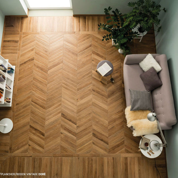 Vintage Dore Chevron, dark wood effect tile at Irwin Tiles