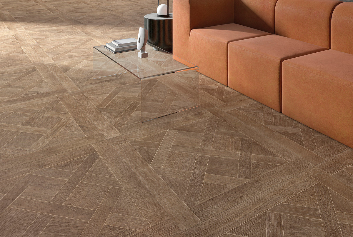Wistman Cognac Wood Effect 90x90cm, dark wood effect matt tile at Irwin Tiles