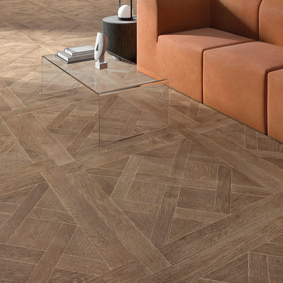 Wistman Cognac Wood Effect 90x90cm, dark wood effect matt tile at Irwin Tiles