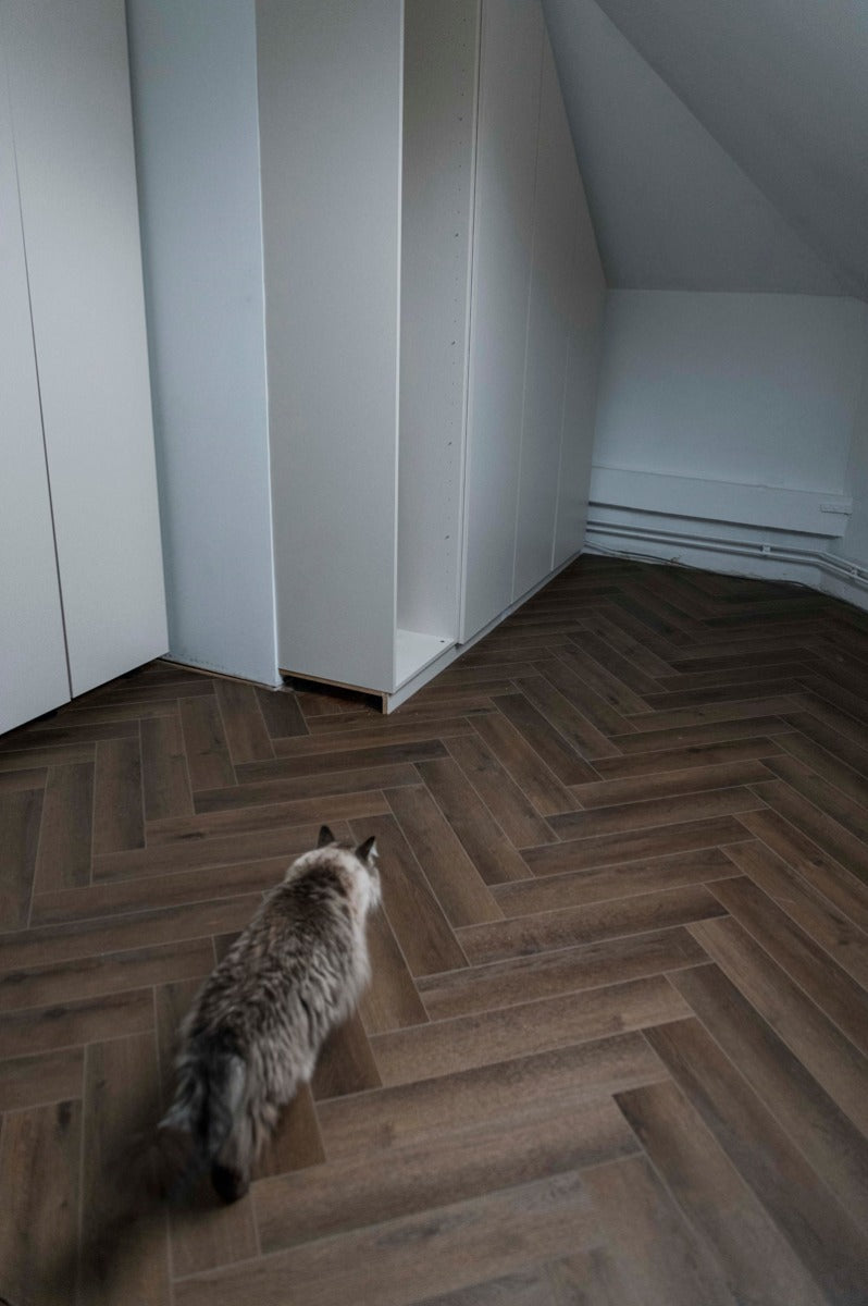 Yukon Herringbone Tan Luxury Parquet Vinyl, dark luxury click vinyl flooring from Irwin Tiles, Co. Monaghan